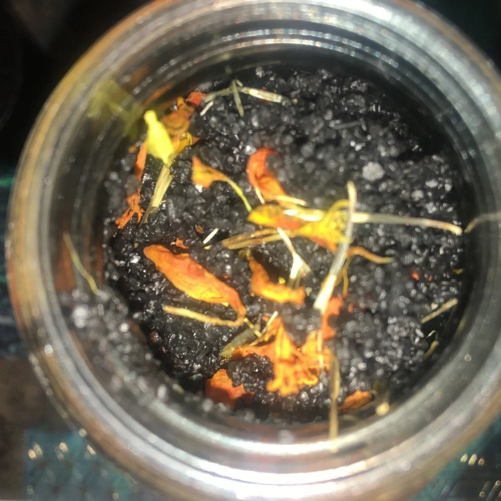 Samhain black volcanic lava bath salts handmade- marigold petals frankincense